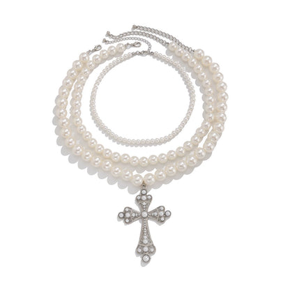 Chanel-Inspired Layered Pearl Cross Necklace - Sweet Elegant Style