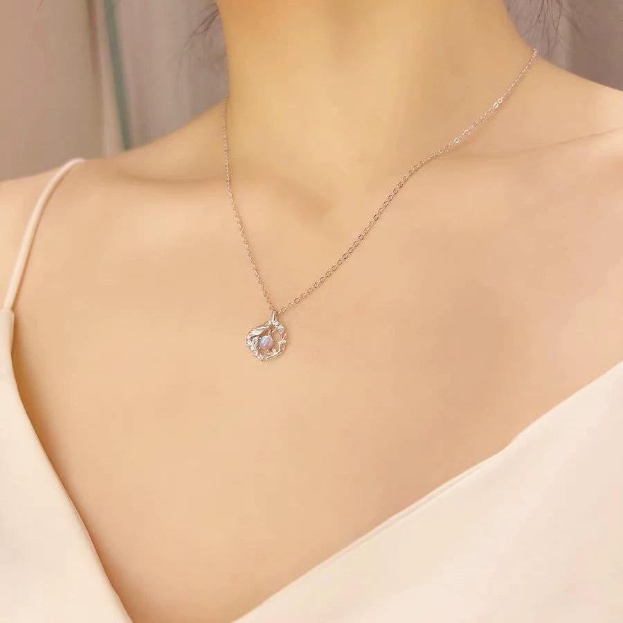 S925 Sterling Silver Eucalyptus & Bird Necklace for Women, Dainty Moonstone Pendant, Minimalist Delicate Collar Chain
