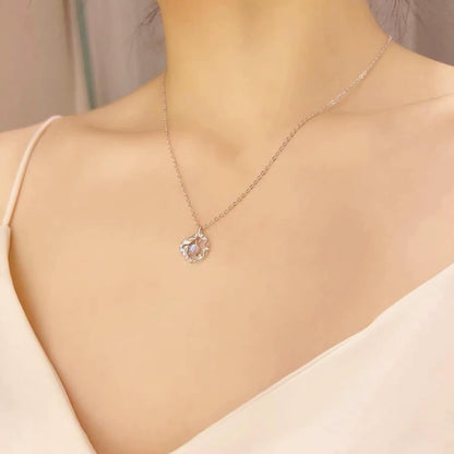 S925 Sterling Silver Eucalyptus & Bird Necklace for Women, Dainty Moonstone Pendant, Minimalist Delicate Collar Chain