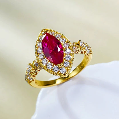 925 Sterling Silver Gold Plated Vintage Pigeon Blood Corundum Ring (5x10mm Marquise)