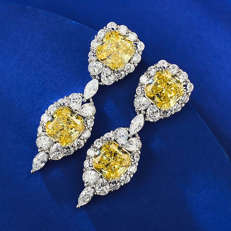 925 Sterling Silver 7x7mm Yellow Diamond Stud Earrings for Women, Full CZ