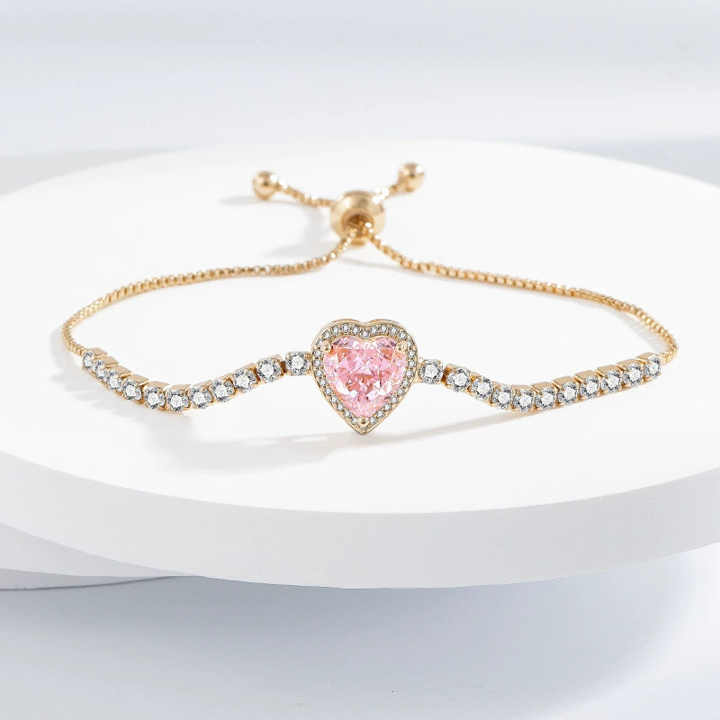 Pink Diamond Heart Zircon 4-Piece Jewelry Set: Bracelet, Ring, Necklace & Earrings for Women (Copper Plated Real Gold)