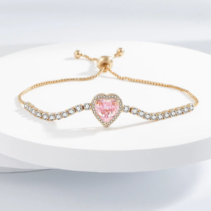 Pink Diamond Heart Zircon 4-Piece Jewelry Set: Bracelet, Ring, Necklace & Earrings for Women (Copper Plated Real Gold)