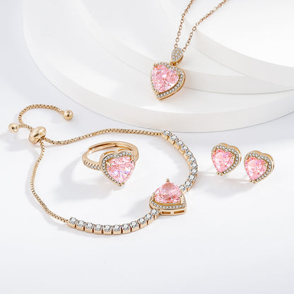 Pink Diamond Heart Zircon 4-Piece Jewelry Set: Bracelet, Ring, Necklace & Earrings for Women (Copper Plated Real Gold)