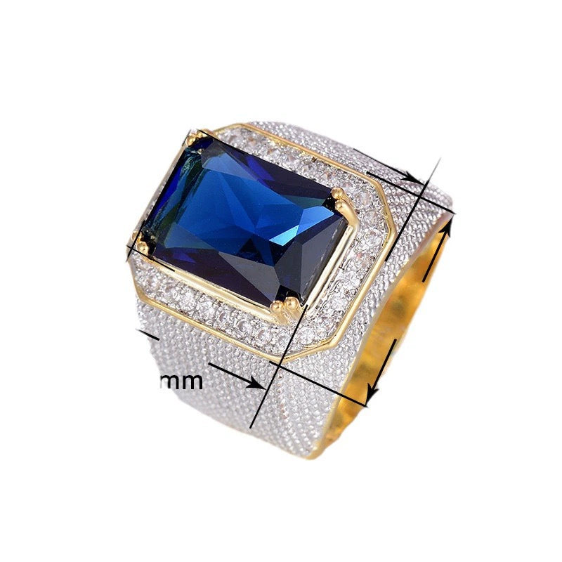 Ricady Jewel Hip Hop Square Zircon Ring - Men’s Luxury Sapphire Style