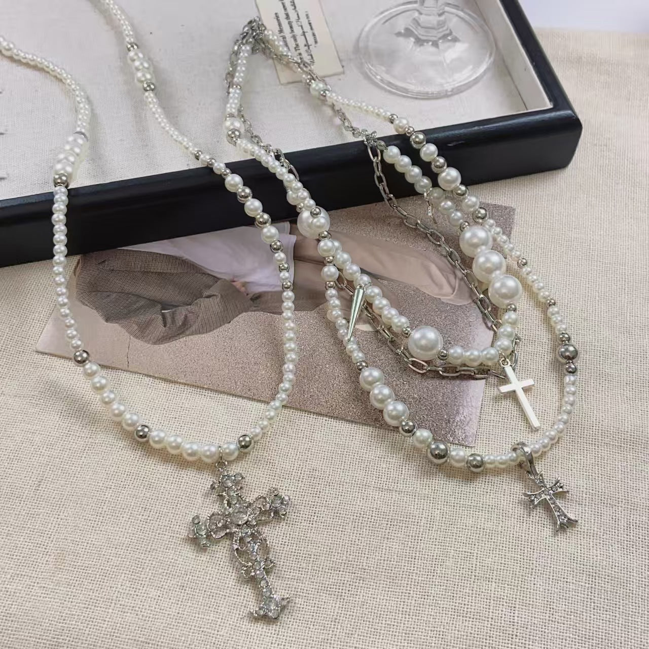 Layered Faux Pearl Cross Pendant Necklace - Sweet & Cool Style
