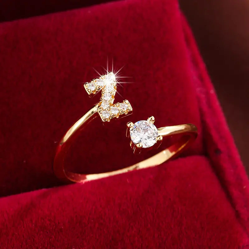 26 Letter Micro-Pave Zircon Ring for Women - 14K Gold Plated Copper Open Plain Band