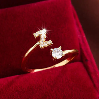 26 Letter Micro-Pave Zircon Ring for Women - 14K Gold Plated Copper Open Plain Band