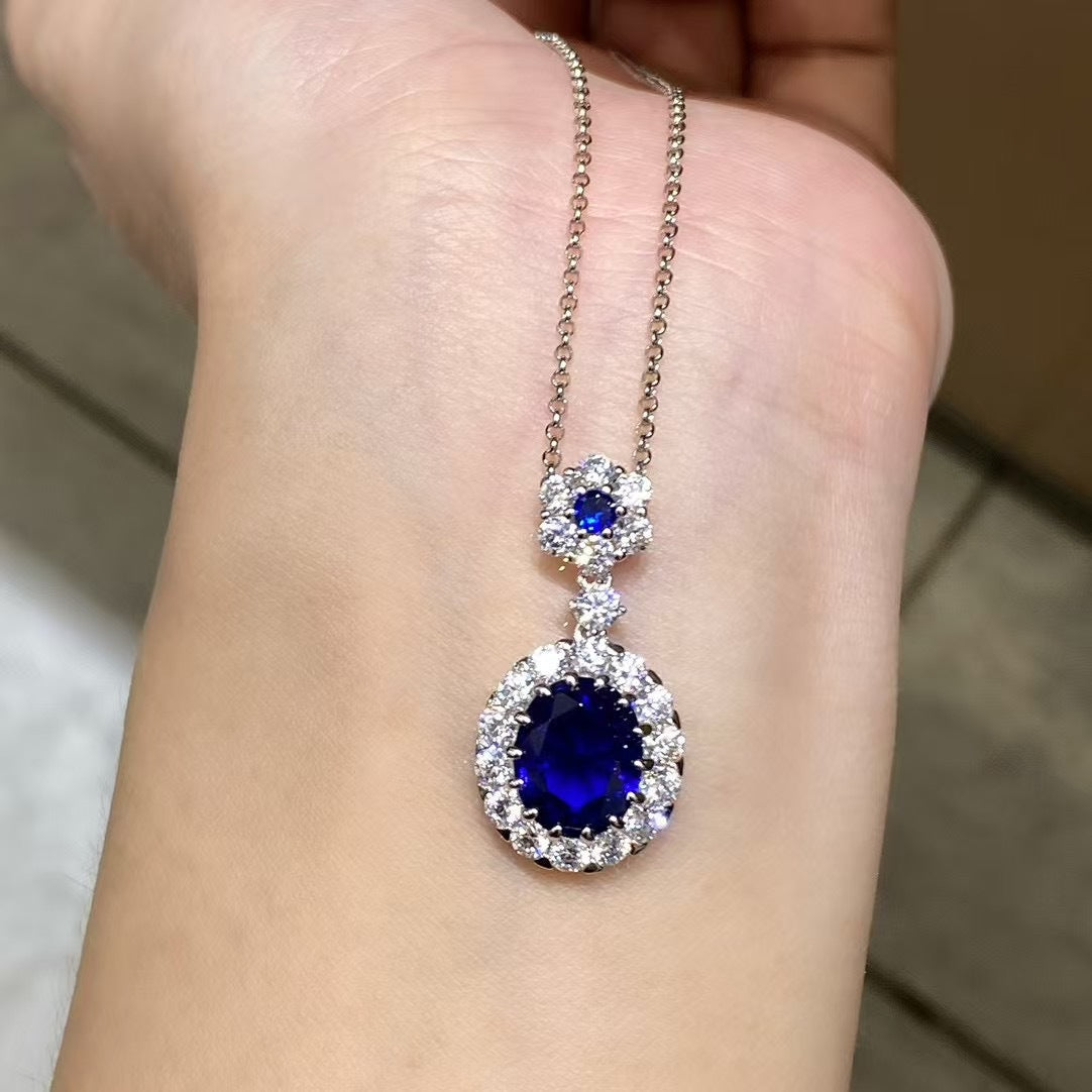 S925 Sterling Silver Classic Diana-Style Sapphire Necklace for Women - Elegant Versatile Gemstone Pendant