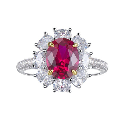 Sunflower Cut S925 Silver Ring | 2ct Egg-Shaped Red CZ, Cabochon Style