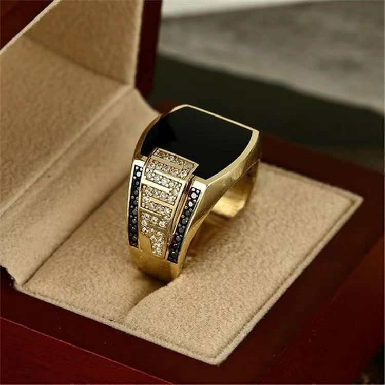 Hip-Hop Style Men's Black Diamond Ring – Enamel & Cubic Zirconia Statement Jewelry for Men