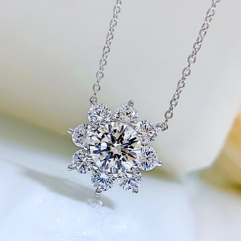 Ricady Jewel S925 Sterling Silver Sunflower Necklace - Sparkling High Carbon Diamond, 40+3cm