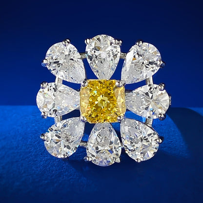 Cluster Wedding Ring | S925 Silver 6*6 Yellow Diamond Imported High Carbon Diamond