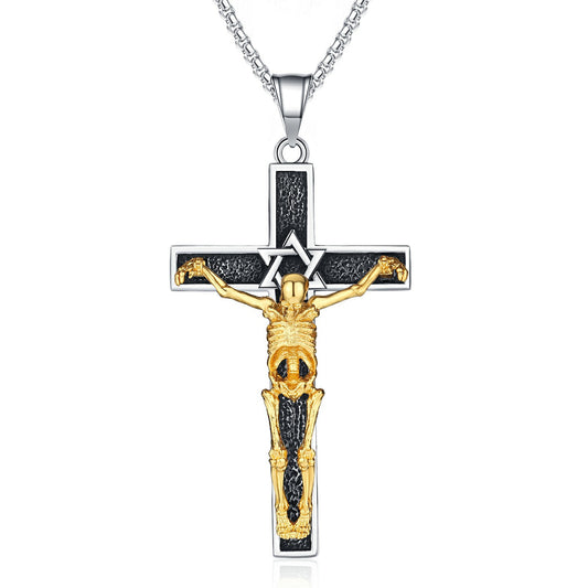 Hip Hop Skull Cross Pendant Necklace in Titanium Steel - Long Chain