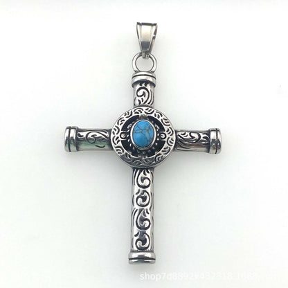 925 Sterling Silver Gemstone Cross Pendant Necklace - Streetwear Style