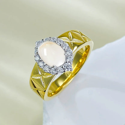 925 Silver Gold-Plated 5*7mm High Ice Jade Cabochon Ring - New Chinese Aesthetic