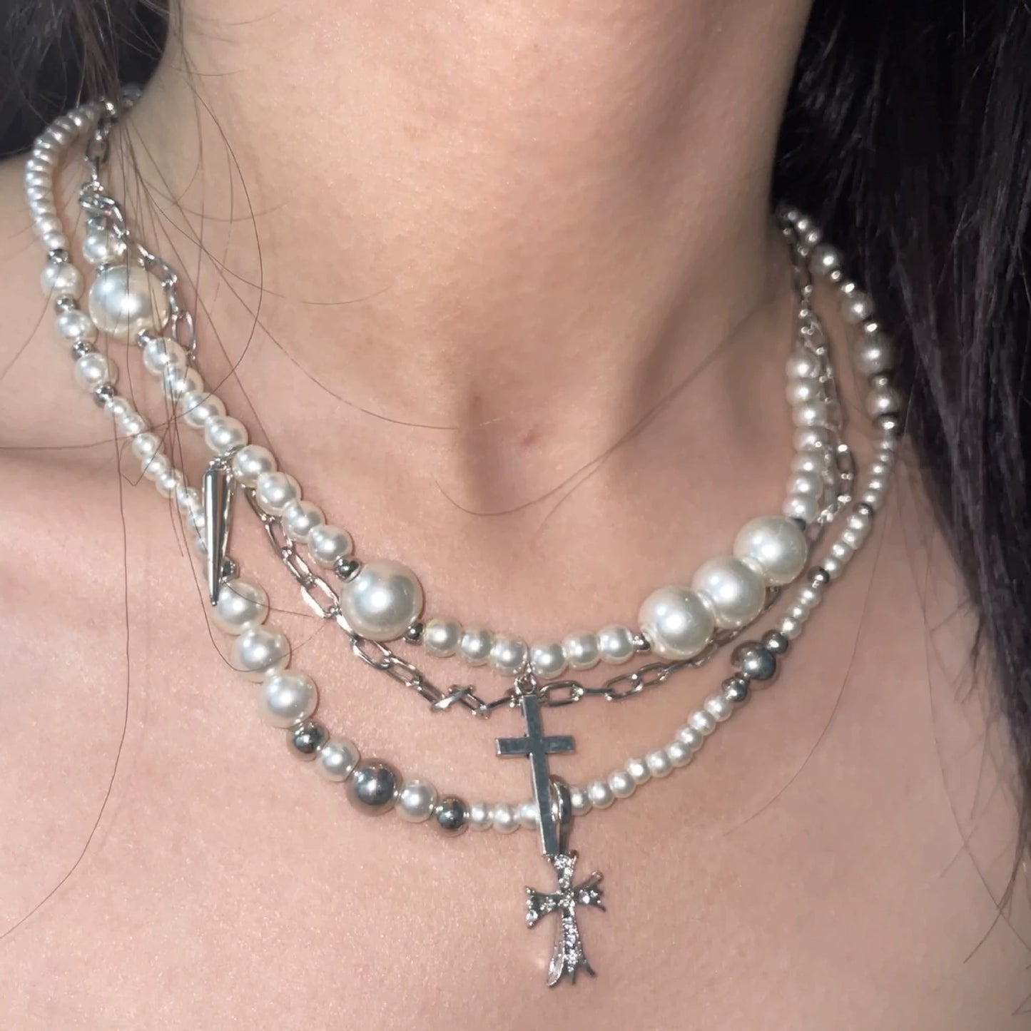 Layered Faux Pearl Cross Pendant Necklace - Sweet & Cool Style