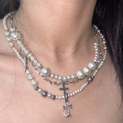 Layered Faux Pearl Cross Pendant Necklace - Sweet & Cool Style