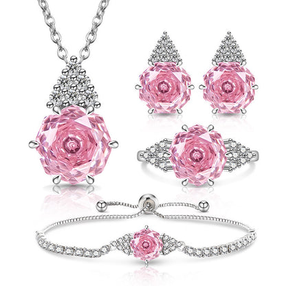 Rose Cut Jewelry Set: Sparkling High Carbon Diamond Ring Earrings Necklace Pendant Bracelet