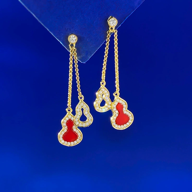 S925 Silver Red Agate Gourd Tassel Earrings - Fashion Versatile Office Style