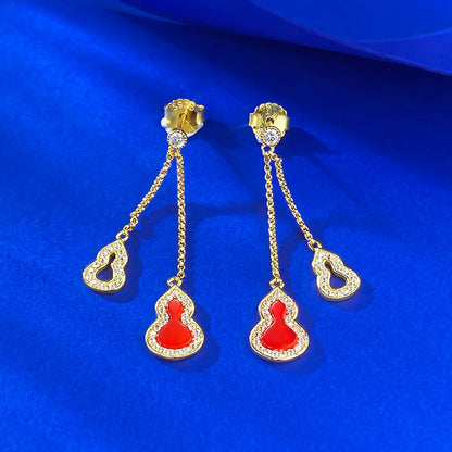 S925 Silver Red Agate Gourd Tassel Earrings - Fashion Versatile Office Style