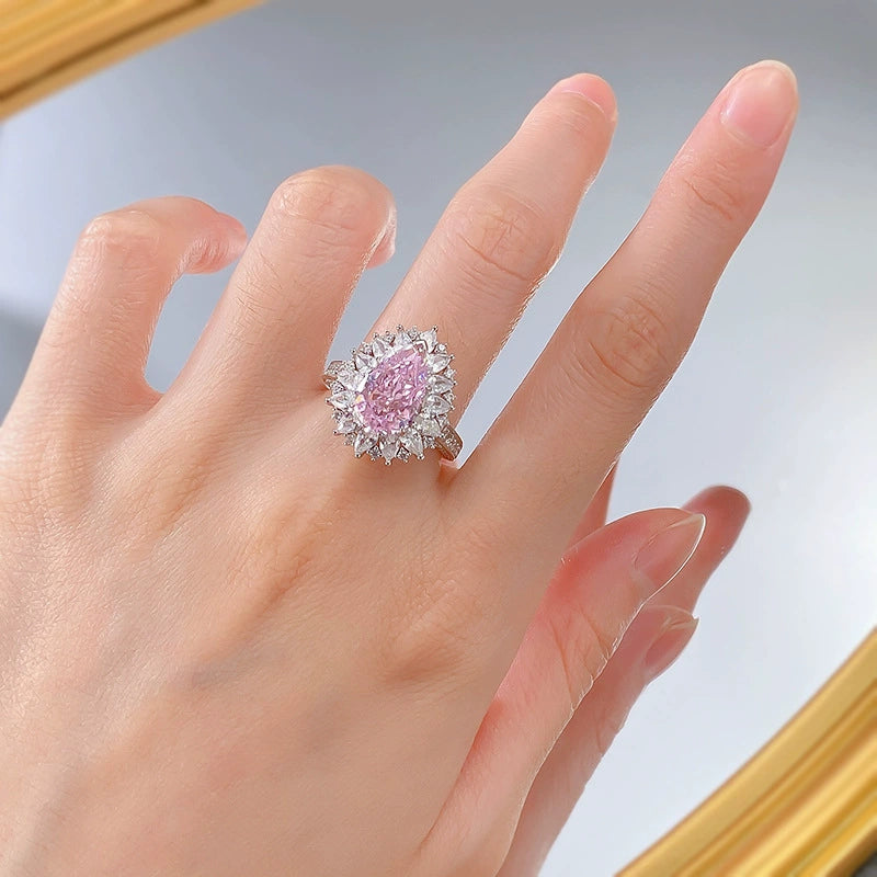 925 Silver Ring | 8*12 Pink High Carbon Diamond Teardrop Luxury European Style