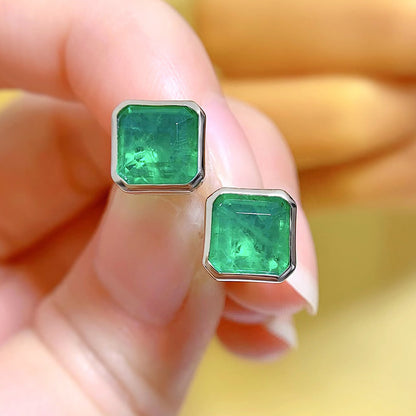 3CT Simulated Emerald Stud Earrings for Women, Silver Edge Setting