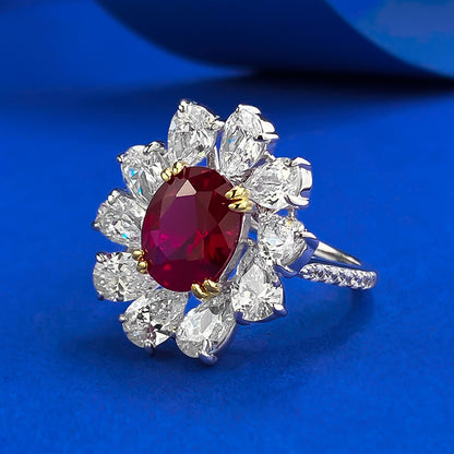 Vintage S925 Silver Ring | 8*10mm Egg-Shaped Ruby, Luxury Halo Setting