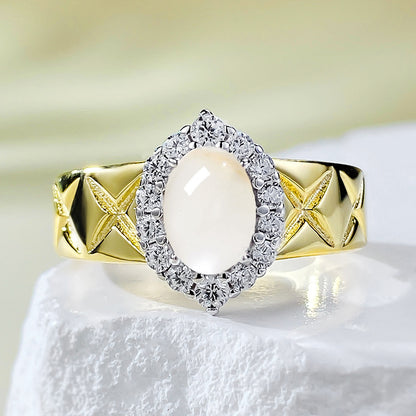 925 Silver Gold-Plated 5*7mm High Ice Jade Cabochon Ring - New Chinese Aesthetic