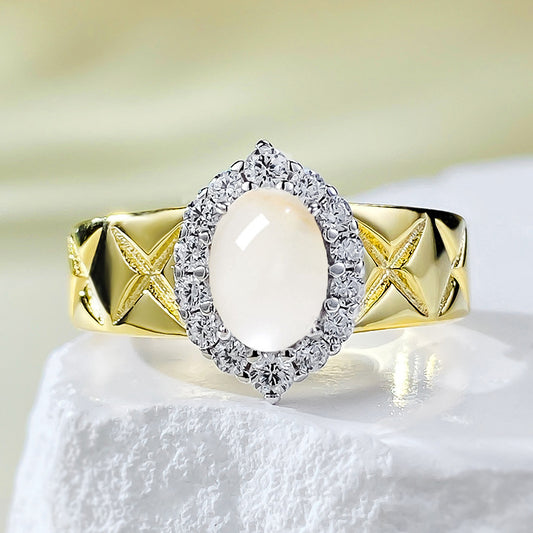 925 Silver Gold-Plated 5*7mm High Ice Jade Cabochon Ring - New Chinese Aesthetic