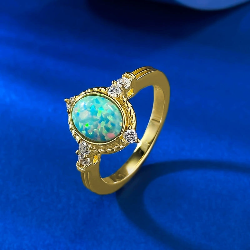 S925 Sterling Silver Gold-Plated Opal Ring | Dreamy Blue, Royal Court Style