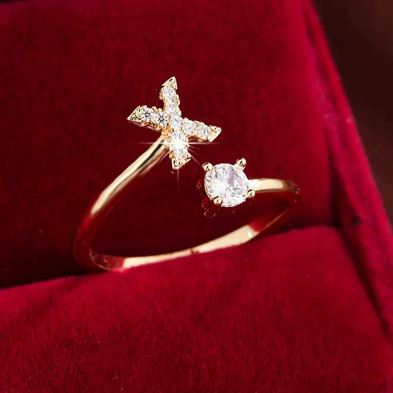 26 Letter Micro-Pave Zircon Ring for Women - 14K Gold Plated Copper Open Plain Band