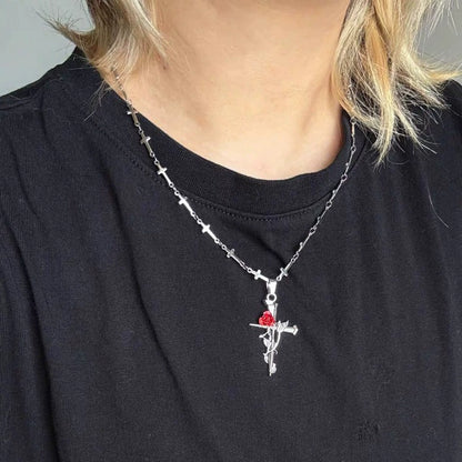 Rose Cross Pendant Necklace in Stainless Steel
