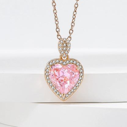 Pink Diamond Heart Zircon 4-Piece Jewelry Set: Bracelet, Ring, Necklace & Earrings for Women (Copper Plated Real Gold)