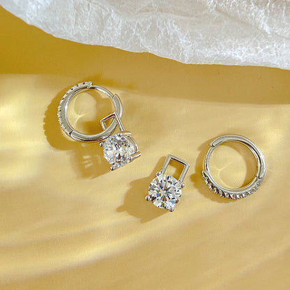 S925 Sterling Silver Earrings 2-Way Wear Moissanite Studs & Four-Claw Hoops