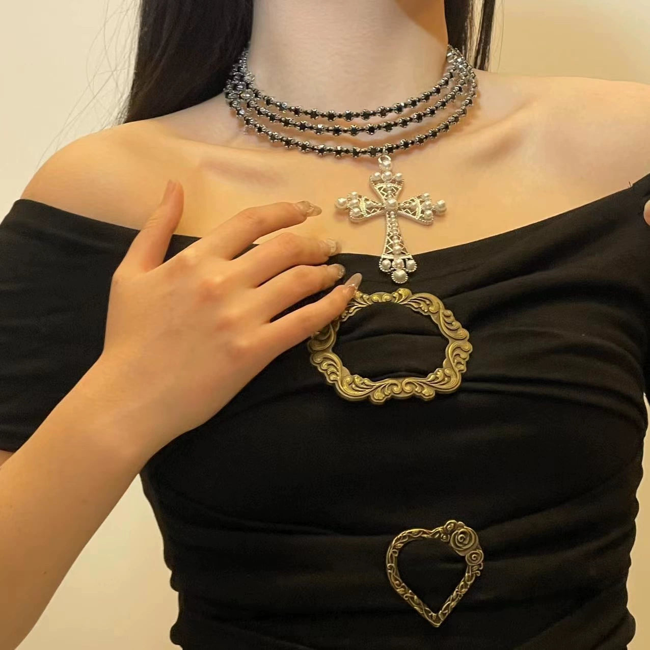 Layered Cross Choker Necklace - Sweet & Cool Style