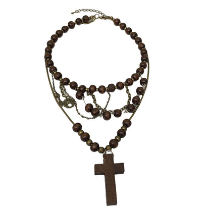 Wasteland Tribal Beaded Cross Necklace - Punk Layered Design