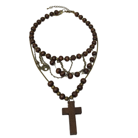 Wasteland Tribal Beaded Cross Necklace - Punk Layered Design