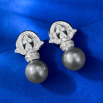 Chic Vintage 925 Silver 11mm Gray Cultured Pearl Earrings