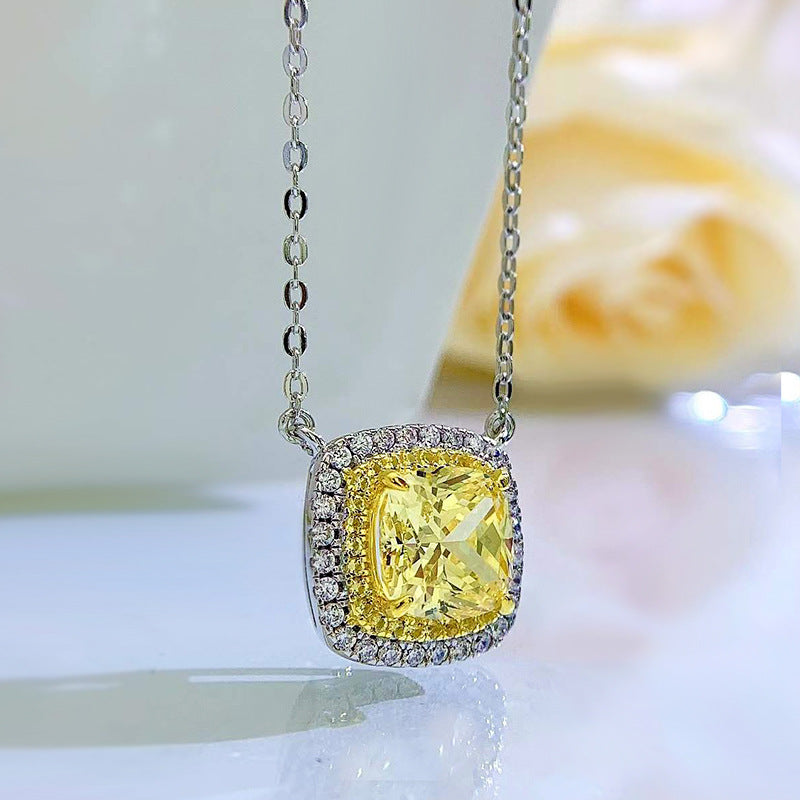 8x8 Cushion Yellow Cubic Zirconia Necklace - Gold Plated, Luxury Micro Set Pendant