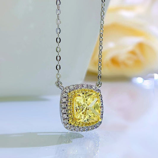 8x8 Cushion Yellow Cubic Zirconia Necklace - Gold Plated, Luxury Micro Set Pendant