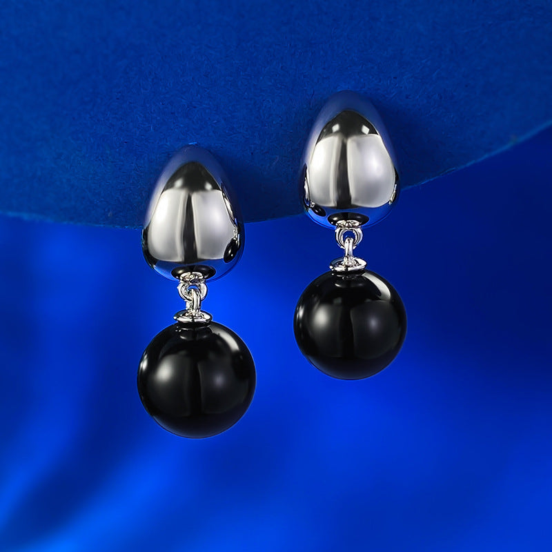 S925 Silver Earrings with 10mm Black Agate & Pearl, Gold-Plated, Minimalist Fashion