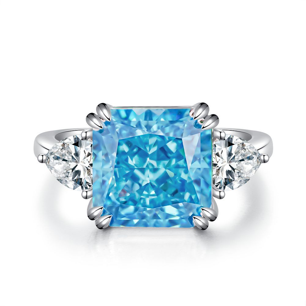 Women's 5ct S925 Silver Aquamarine Ring | Cushion-Cut High Carbon Diamond Zircon | Luxury Colored Gemstone