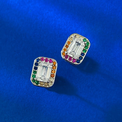 925 Sterling Silver Rainbow Square Stud Earrings with 4*6 White Zircon - Trendy & Elegant