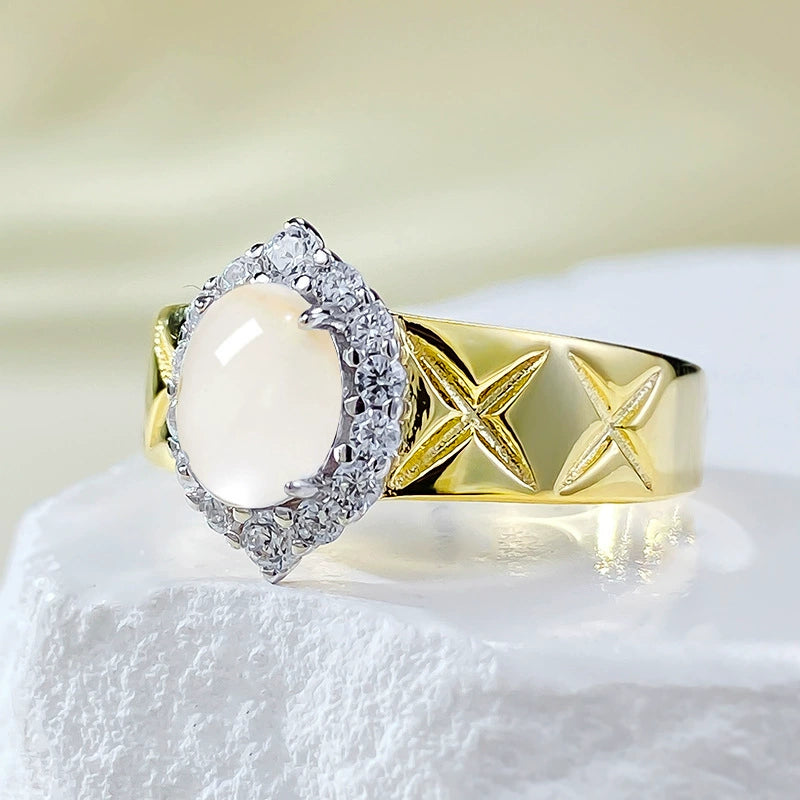 925 Silver Gold-Plated 5*7mm High Ice Jade Cabochon Ring - New Chinese Aesthetic