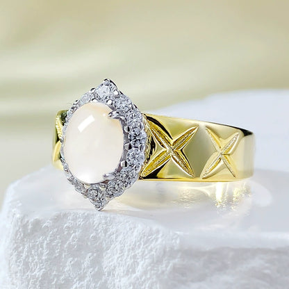 925 Silver Gold-Plated 5*7mm High Ice Jade Cabochon Ring - New Chinese Aesthetic
