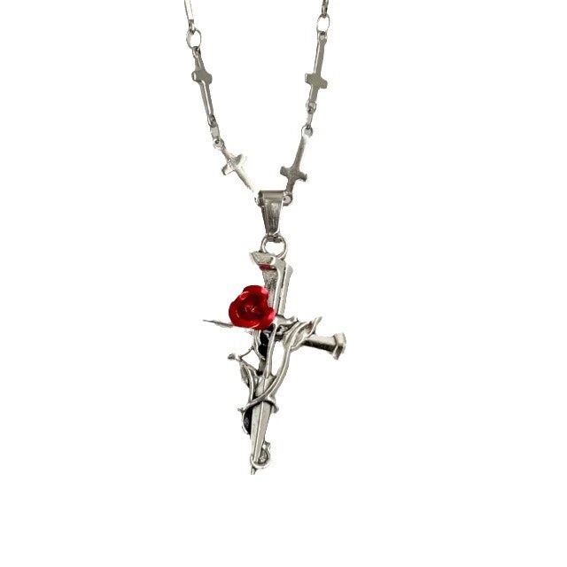 Rose Cross Pendant Necklace in Stainless Steel
