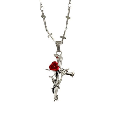 Rose Cross Pendant Necklace in Stainless Steel