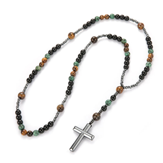 Natural Stone Bead Cross Pendant Necklace - Vintage Artisan Design