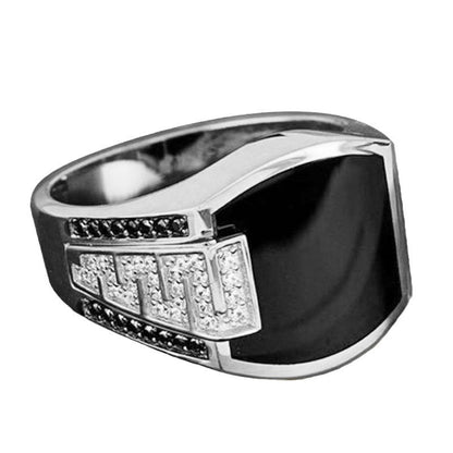 Hip-Hop Style Men's Black Diamond Ring – Enamel & Cubic Zirconia Statement Jewelry for Men